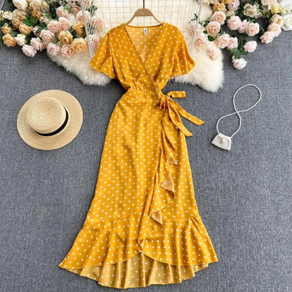 Croysier Summer Clothes Dresses For Women 2021 Elegant Vintage Ruffle Wrap Dress V Neck Short Sleeve Casual Polka Dot Midi Dress