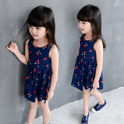 2021 New Arrival Dresses Sleeveless Cherry Print Baby Girls Dress High Quality Draped Kids Clothes Cute Girls Casual Dress