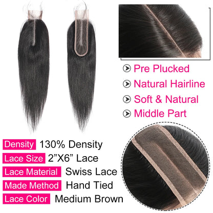 Gabrielle Middle Part Lace Closure 2x6 Brazilian Human Hair Straight Natural Color 100% Remy Hair Kim K Closure Free Shipping