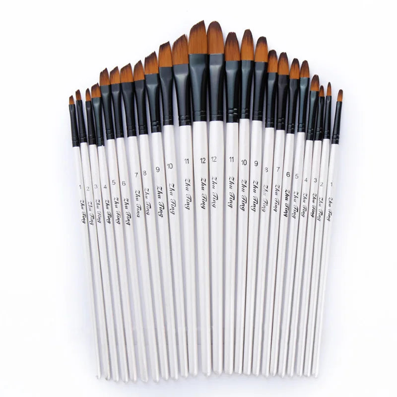 12 Pcs/set Nylon Hair Wooden Handle Watercolor Paint Brush Pen Set Learning DIY Oil Acrylic Painting Art Paint Brushes Supplies