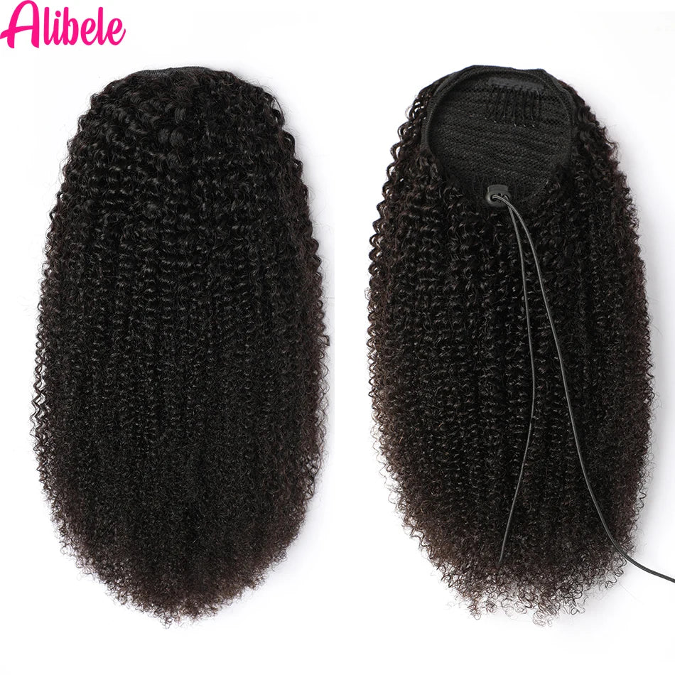 Alibele Afro Kinky Curly Drawstring Ponytail Human Hair Extensions Mongolian 4B 4C Remy 10-28 inch Clips In Wrap Around Ponytail