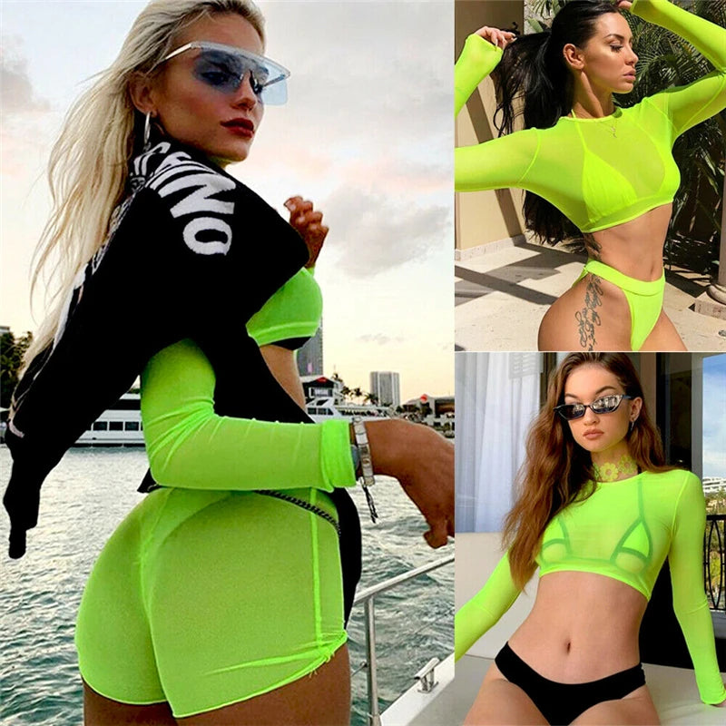 Women Beach Cover-Ups Sexy Solid Color O Neck Fishnet Mesh See Through Long Sleeves Top Swimsuit Beachwear