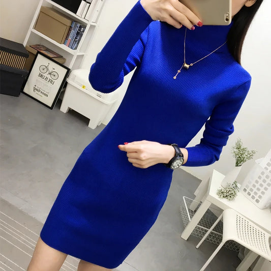 2024 Spring Autumn New Women Slim Turtleneck Sweater Dress Warm padded Ladies Knit Pullovers Sexy stretch Female Long Sweaters