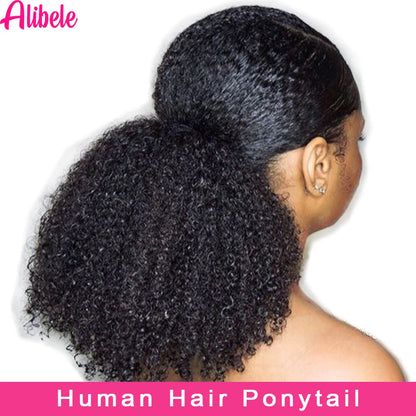 Alibele Afro Kinky Curly Drawstring Ponytail Human Hair Extensions Mongolian 4B 4C Remy 10-28 inch Clips In Wrap Around Ponytail