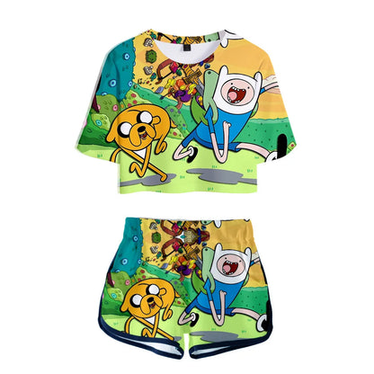 Finn And Jake The Dog Face Two Piece Set Summer Sexy Cotton T shirt Woman Shorts and Crop Top Fashion Tracksuit