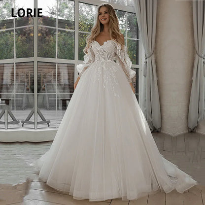 LORIE Glitter Wedding Dresses Puff Sleeve Appliques Lace 3D Flowers off Shoulder Tulle Boho Bride Gown 2021 vestidos de novia