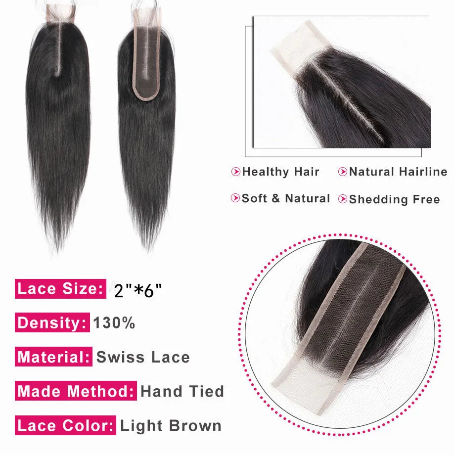 Bling Hair Middle Part Lace Closure 2x6 Brazilian Human Hair Straight Natural Color 100% Remy Hair Kim K Closure Free Shipping