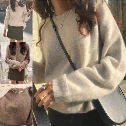 ATTYYWS New round neck cashmere sweater female pullover sweater loose casual bottoming knitted wool sweater Solid color regular