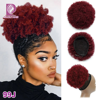 Racily Hair Afro Puff Drawstring Ponytail Human Hair Brazilian Short Curly Drawstring Ponytail Afro Puff Bun Chignon Accessories