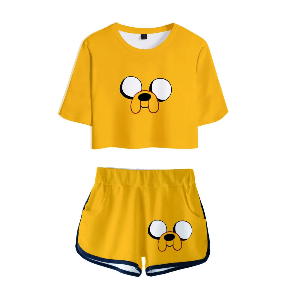 Finn And Jake The Dog Face Two Piece Set Summer Sexy Cotton T shirt Woman Shorts and Crop Top Fashion Tracksuit