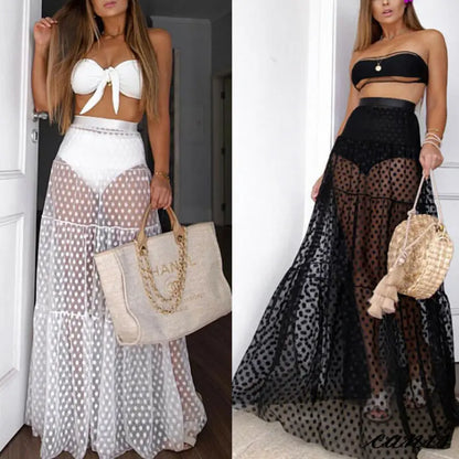 Sexy Women Mesh Sheer Dot Skirt High Waist See-through Long Skirt Ladies Summer Transparent Long Maxi Skirt Beachwear Cover-Ups