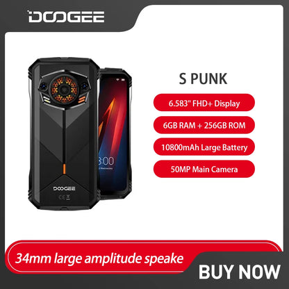 DOOGEE S Punk 4G Rugged Smartphone Android 14 LED Light Effect 6.58" FHD+ 6GB+256GB Mobile Phone 10800mAh 50MP Cell Phone NFC