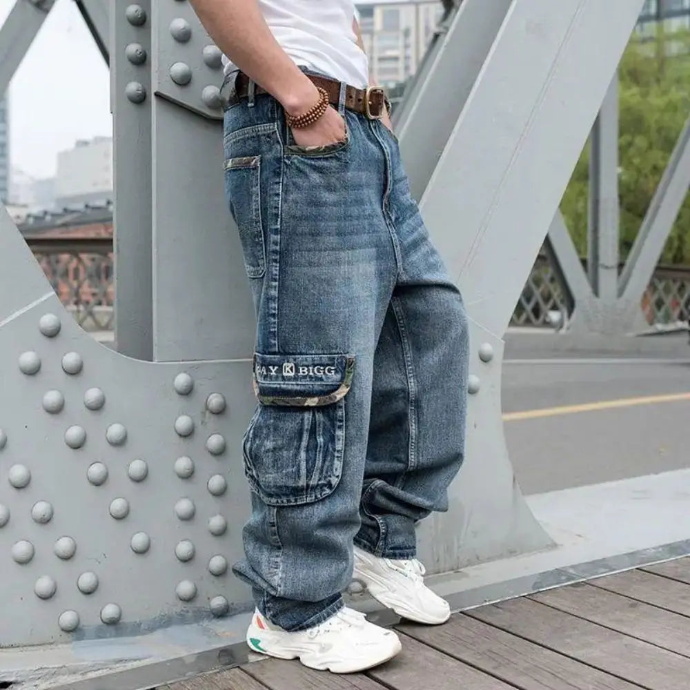 Men Jeans Fashion Blue Baggy Multi Pockets Hip Hop  Designer Skateboard Loose Large Size Printed Streetwear Harajuku