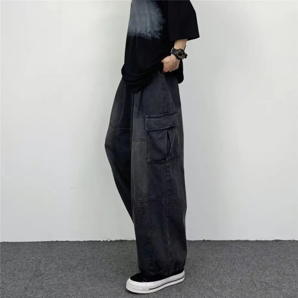 Hot！Men Baggy Cargo Jeans Multiple Pockets Solid Color Zipper Fly Loose Straight Wide Leg Pants Autumn Denim Trousers Streetwear