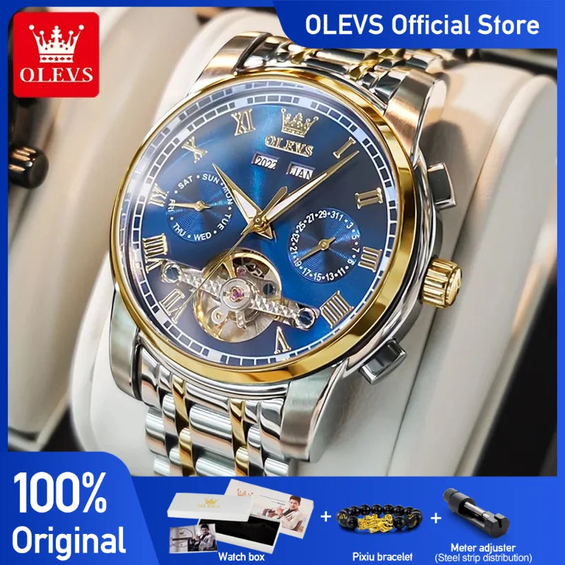 OLEVS Men's Watches Automatic Mechanical Business Wristwatch Waterproof Stainless Steel Strap Watch for Man Skeleton Calendar