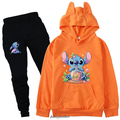 Hoodies Lilo And Stitch For Kids Casual Tracksuit Boys Sweatshirt Sets Girls Hooded Coats Pants 2pcs Set Children's Clothing