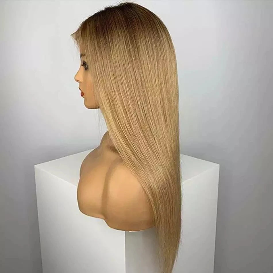 Preplucked Soft 28"5x5 Silk Base HD Lace Ombre Blonde Straight Jewish Human Hair Wigs BabyHair European Hair Glueless Daily Wig