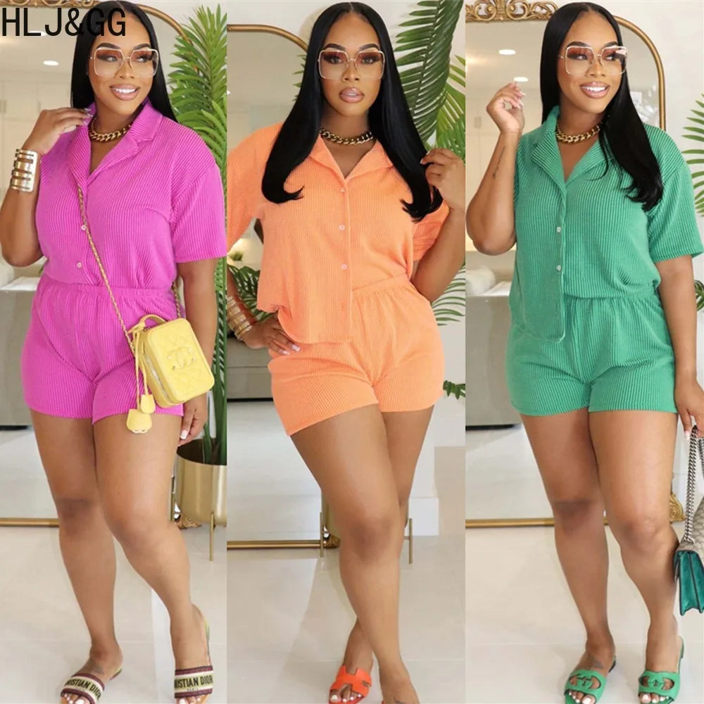 HLJ&GG Spring New Solid Shorts Two Piece Sets Women Turndown Collar Button Loose Shirts And Shorts Outfits Casual 2pcs Tracksuit