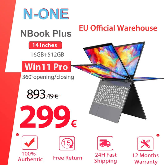 N-one Nbook Plus Laptop 14.1-inch 1920*1080 10-point Touch Screen Intel Alder Lake-N N100 4 Cores Up to 3.4GHz 16GB RAM 512GB