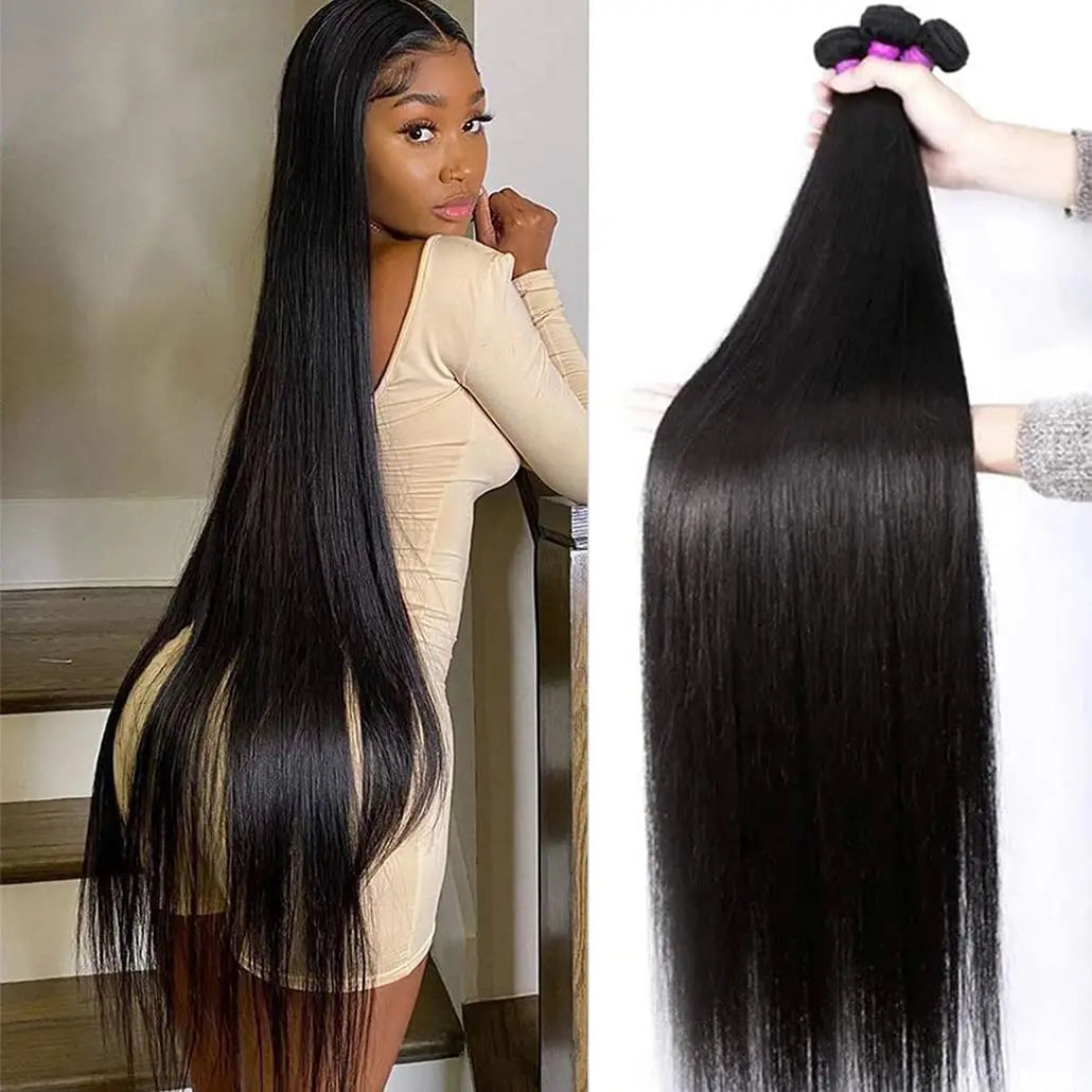 Luxurious Brazilian Straight Human Hair Extensions – 30-32 Inch Raw Hair Bundles (1/3/4 Pcs), Smooth, Natural, and Silky