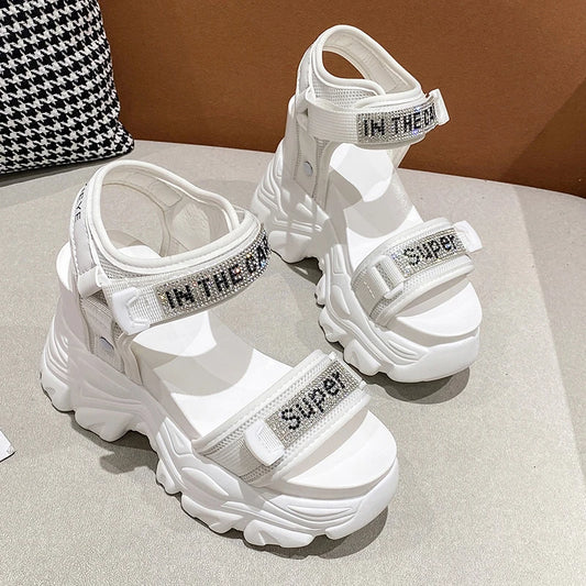 New Summer Black Women High Platform Sandals 11CM Wedge Heels Bling Slippers Peep Toe High Heels White Leather Chunky Flip-Flops