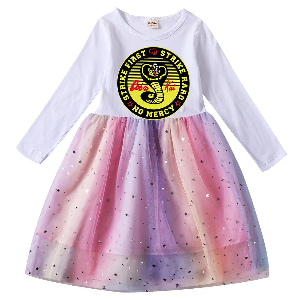 2-10Years Cute Cobra Kai Clothes Baby Girls Long Sleeve Princess Dresses with Little Bag Kids Cartoon Rainbow Sequin Dress Sets