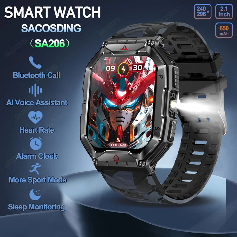 Optimize product title: SACOSDING SA206 Sports Smart Watch - Compass, Flashlight, 1ATM Waterproof, Bluetooth Call, Voice Assistant - 650mAh