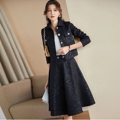 Fashion Suits Women's Jacket Autumn/Winter 2023 New Tweed Skirt Two-Piece Female Korean Long Sleeve Slim Single-Breasted Suit