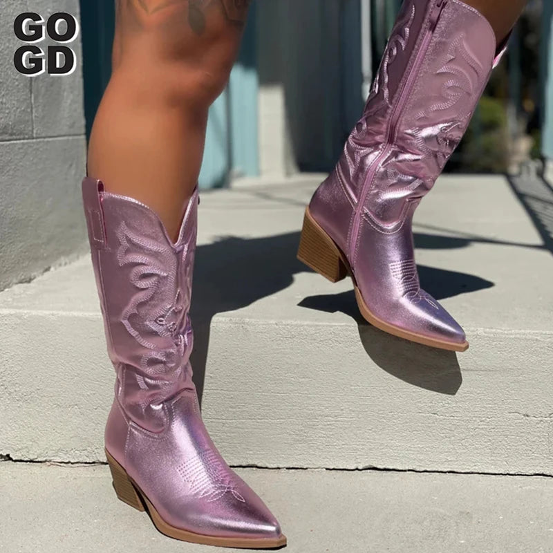 GOGD Cowboy Pink Cowgirl Boots For Women 2022Fashion Zip Embroidered Pointed Toe Chunky Heel Mid Calf Western Boots Shinny Shoes