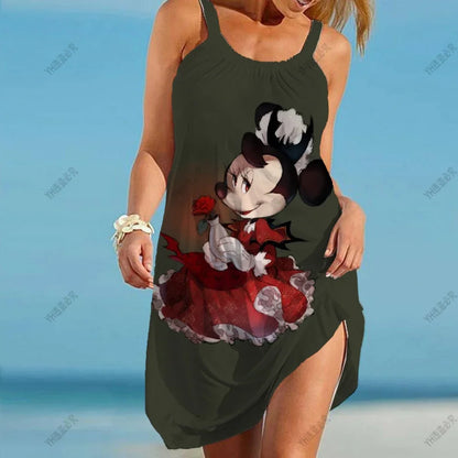 Summer Women Beach Dress Sexy Disney Minnie Swimsuit Female Beach Cover-Ups Wrap Towel Open Back Sling Mini Beach Dresses Women