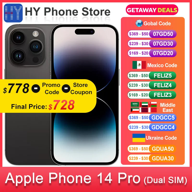 Apple iPhone 14 pro 256GB/128GB Dual SIM Unlocked 48MP+12MP Camera A16 Bionic chip 6.1 inch OLED Screen NFC Face ID