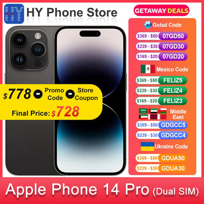 Apple iPhone 14 pro 256GB/128GB Dual SIM Unlocked 48MP+12MP Camera A16 Bionic chip 6.1 inch OLED Screen NFC Face ID