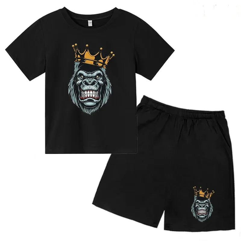 Kids Summer Short Sve T-shirt Boys Girls Toddlers 3-12Y Animal Gorilla Top+ Shorts 2P Cute Fun Pretty Girl Clothes Casual Set