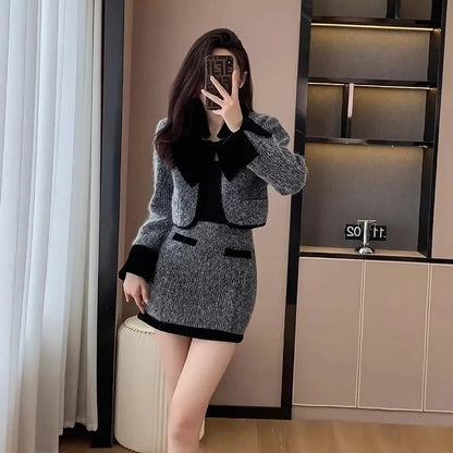 High-End Chic Set Skirt Women's Two-Piece 2024 Spring Autumn New Fashion Loose Bow Casual Jacket+Skirt Two-Piece Skirts