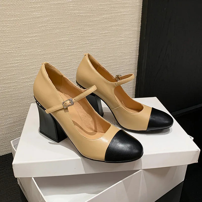 MKKHOU Fashion Pumps New High Quality Genuine Leather Colored Round Head Women's Heel High Heel Shoes Commuter Women's Shoes