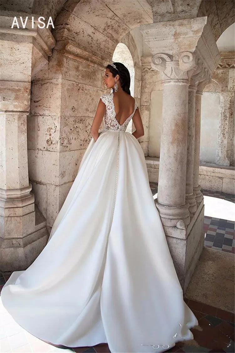 Boho A-line O-Neck Stain Wedding Dress Floor-Length robe de mariée SweepTrain Sleeveless Backless Bridal Gowns vestidos de novia