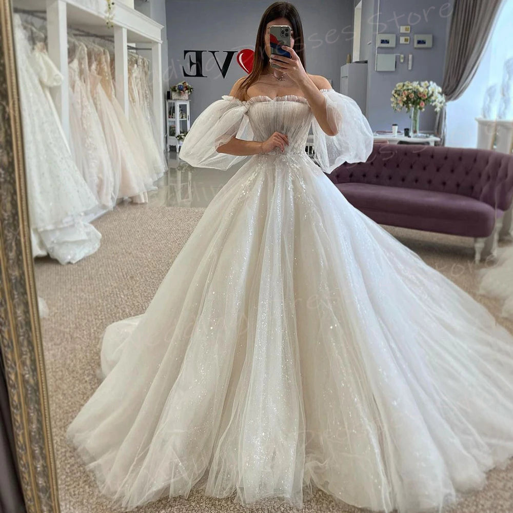 Sparkling Vintage A Line Women's Wedding Dresses Modern Puff Sleeve Lace Appliques Bride Gowns Pretty Princess Vestido De Noivas