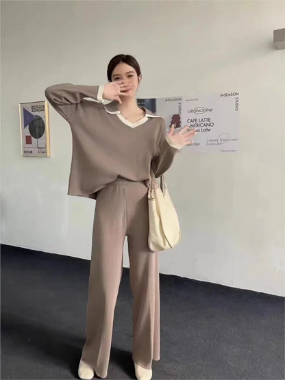 Summer 2 Two Piece Set Women V-Neck Fashion Long Sleeve Ladies Blouses Casual Loose Pleated Wide Leg Korean Woman Wide Leg Pants