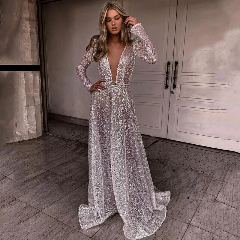 Modern A-Line Wedding Dresses Sexy Deep V-Neck Pleat Shiny Sequined Bride Dresses Long Sleeves Wedding Gowns Floor Length 2024