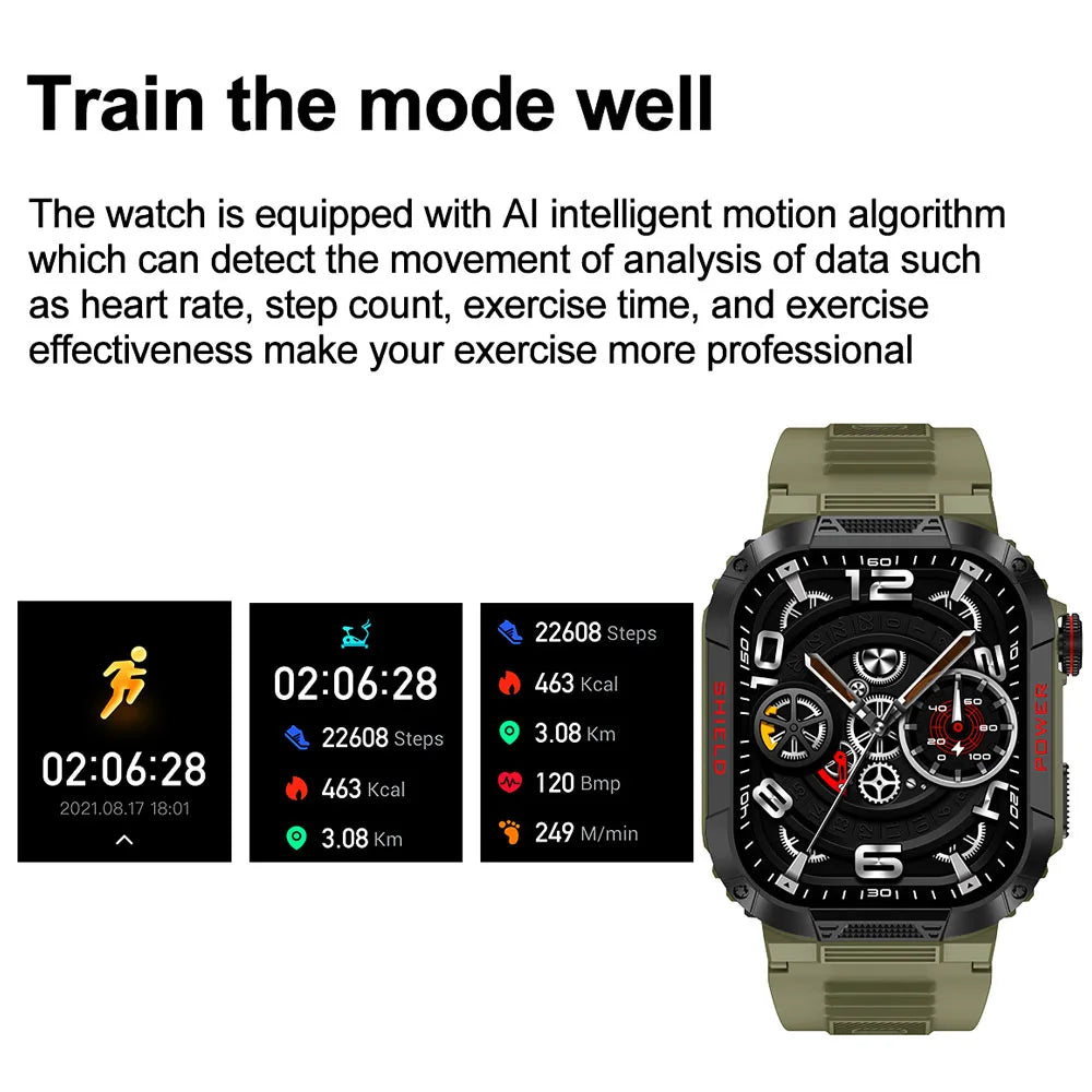 Rugged Military 2.02 inch Smart Watch Men's Bluetooth Call Fitness Tracker 2024 New Waterproof Smartwatch For Men For Xiaomi IOS