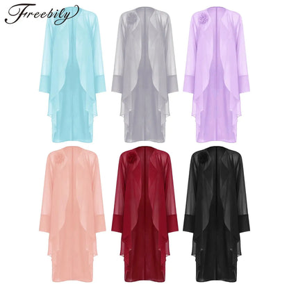 Women Elegant Chiffon Cover-ups Shawl Wraps Cardigan Long Sleeve Open Front Cascading Trim Bolero for Dress Accessories Cover Up