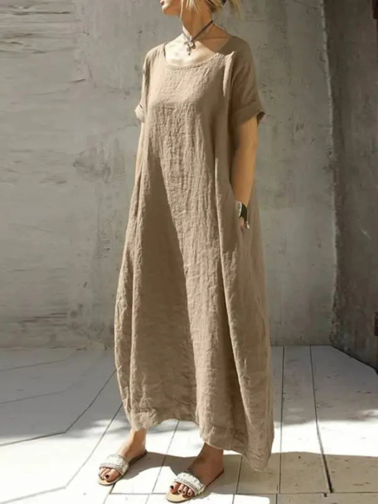 Oversized Cotton Linen Dress Women 2023 Summer Loose Breathable Round Neck Short Sleeve Dresses for Women Casual Long Dress