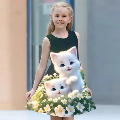 Summer Dress For Girls 2024 Kids Clothes Casual Sleeveless O-neck Cat 3D Print Children Princess Dress Girl 2 To 8 Years Old