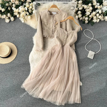 2024 New Autumn Spaghetti Strap Woolen Patchwork Mesh Tulles Dress + Short Tweed Jacket Coat for Women 2 Pieces Set Outfits