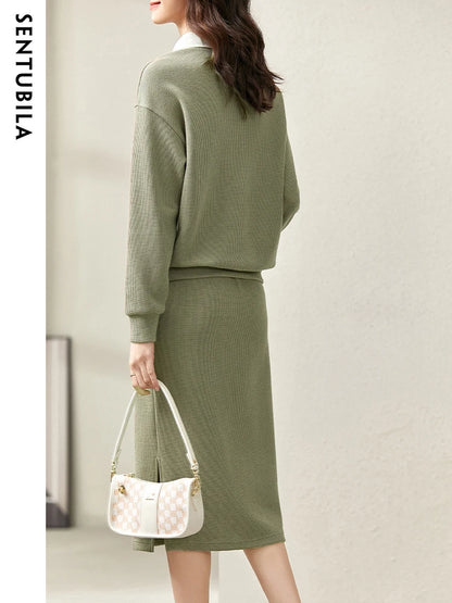 SENTUBILA Casual Sweatshirt Midi Split Skirt Two Piece Set Women's Autumn Outfit 2023 Fall Fashion New In Matching Sets Clothing