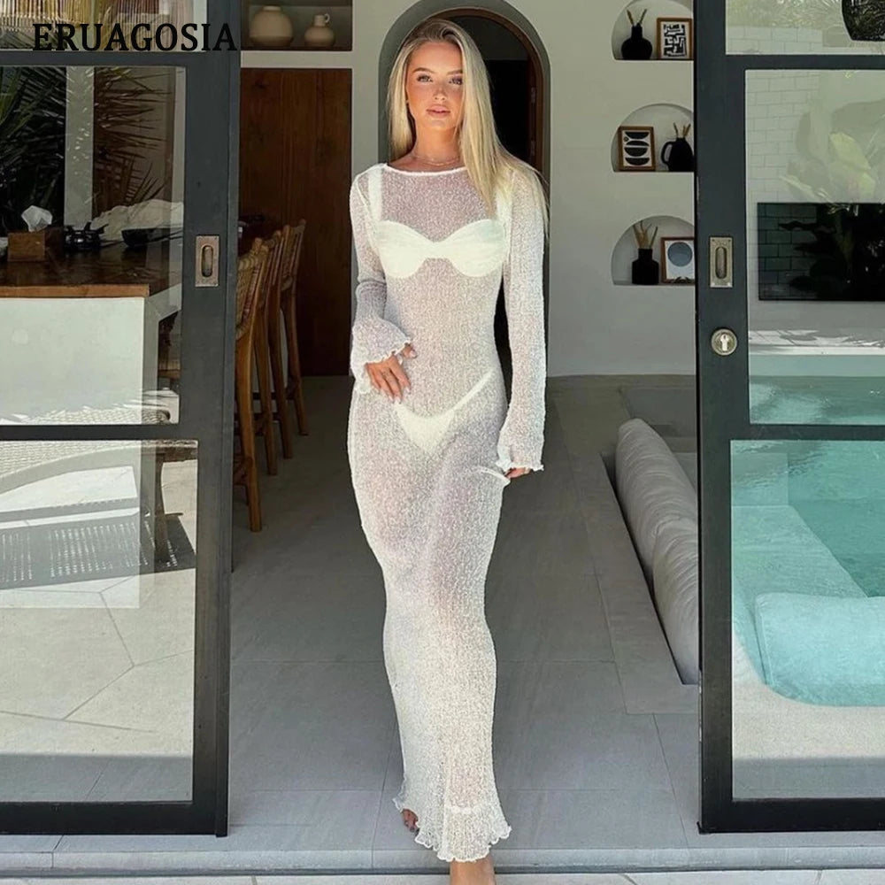 Sexy See-Through Cover-ups Long Sleeve Cover Up For Women 2024 New Beach Dress Vacation Dresses Female Beachwear saida de praia