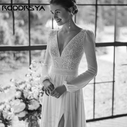 RODDRSYA Bohemian Wedding Dress Women vestidos novias boda Chiffon Long Sleeves Lace Bride Dresses Appliques Split V Neck A Line