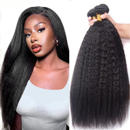 32" Peruvian Kinky Straight Remy Human Hair Bundles - Luxurious Soft Yaki Weave, 100% Authentic Hair Extensions