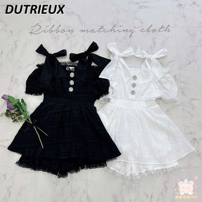 2024 New Summer Off-Shoulder Short Sleeve Top and Shorts Set Lace Strap Mine Series Mass-Produced Women's Two Piece Sets