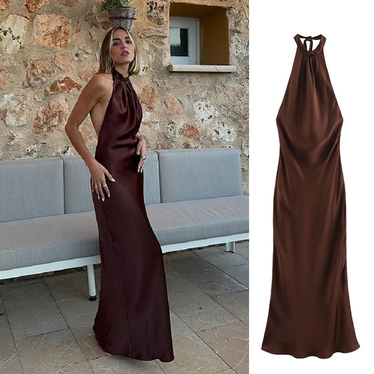 Optimize product title: Taop&Za Women's Summer 2024 Backless Strappy Halter Silk Satin Dress